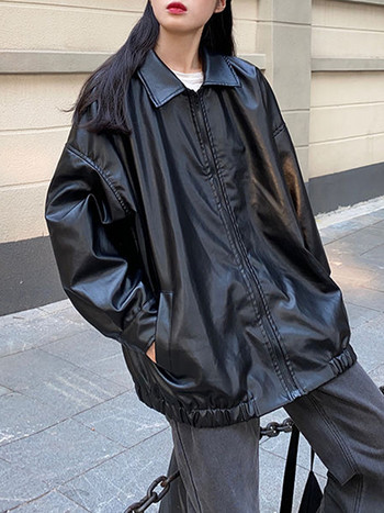 PU кожено яке Дамско есенно-зимно мото мотоциклетистко яке с цип Дамско корейско модно палто Harajuku с дълъг ръкав Y2K Streetwear