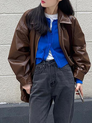PU кожено яке Дамско есенно-зимно мото мотоциклетистко яке с цип Дамско корейско модно палто Harajuku с дълъг ръкав Y2K Streetwear