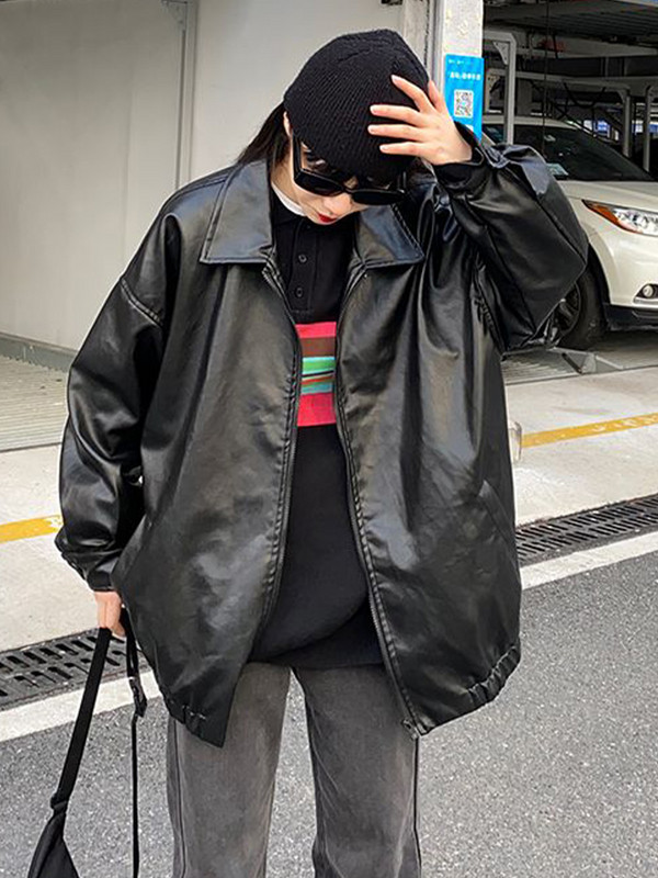 PU odinė striukė moteriška rudens žiemos motociklų motociklininko striukė su užtrauktuku Moteriška korėjietiška mada Harajuku ilgomis rankovėmis Y2K gatvės aprangos paltas