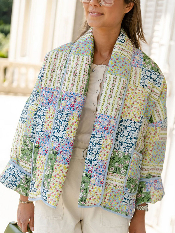 Spausdinti Moteriškas storas paltas, 2023 m. rudens žiemos mada, gėlėta ilgomis rankovėmis, medvilninė, moteriška megztinė, laisvalaikio gatvės apranga, šilta moteriška striukė