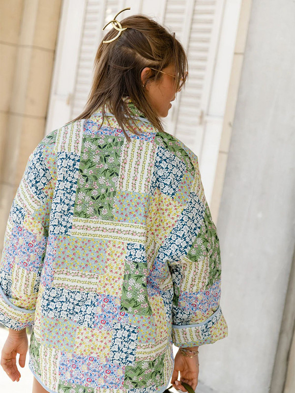 Spausdinti Moteriškas storas paltas, 2023 m. rudens žiemos mada, gėlėta ilgomis rankovėmis, medvilninė, moteriška megztinė, laisvalaikio gatvės apranga, šilta moteriška striukė