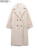 Vilna balta žieminė striukė ilgomis rankovėmis, apverčiama apykakle, madinga stora midi paltas su dviguba krūtine, 2023 m. šilti kišeniniai viršutiniai drabužiai