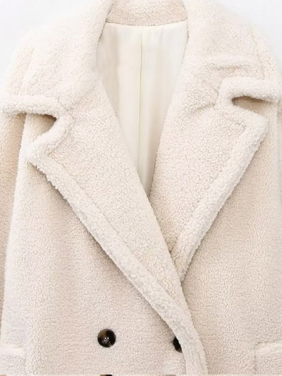 Vilna balta žieminė striukė ilgomis rankovėmis, apverčiama apykakle, madinga stora midi paltas su dviguba krūtine, 2023 m. šilti kišeniniai viršutiniai drabužiai