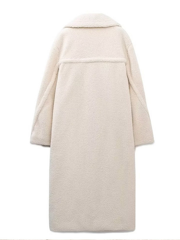 Vilna balta žieminė striukė ilgomis rankovėmis, apverčiama apykakle, madinga stora midi paltas su dviguba krūtine, 2023 m. šilti kišeniniai viršutiniai drabužiai
