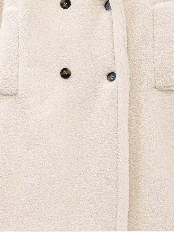 Vilna balta žieminė striukė ilgomis rankovėmis, apverčiama apykakle, madinga stora midi paltas su dviguba krūtine, 2023 m. šilti kišeniniai viršutiniai drabužiai