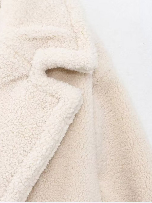 Vilna balta žieminė striukė ilgomis rankovėmis, apverčiama apykakle, madinga stora midi paltas su dviguba krūtine, 2023 m. šilti kišeniniai viršutiniai drabužiai