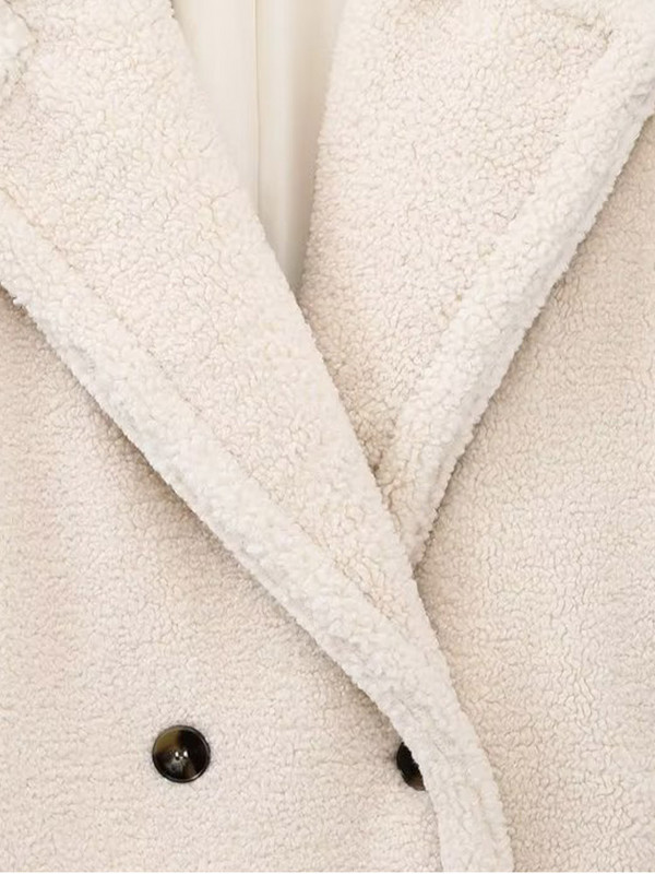 Vilna balta žieminė striukė ilgomis rankovėmis, apverčiama apykakle, madinga stora midi paltas su dviguba krūtine, 2023 m. šilti kišeniniai viršutiniai drabužiai