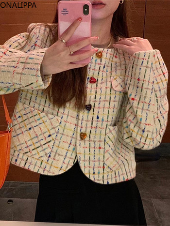 Onalippa Kawaii Контрастно карирано яке с цвят на бонбони Дамско яке с малки ароматни копчета във формата на сърце Скъсено палто Корейски якета с О деколте