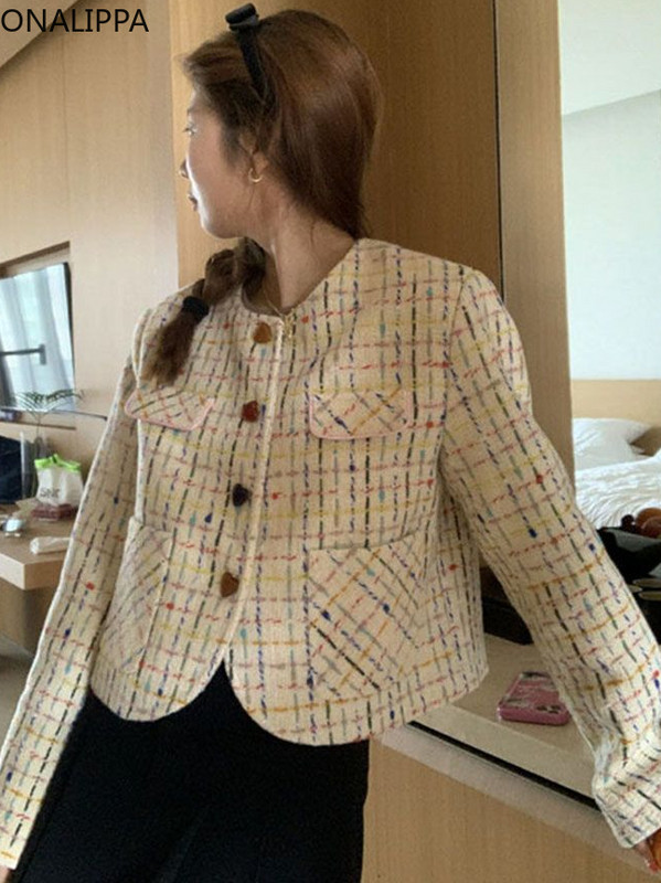 Onalippa Kawaii saldainių spalvos kontrasto languota striukė moteriška mažo kvapo širdies formos mygtukai apkarpyti paltai korėjietiški švarkai ant kaklo