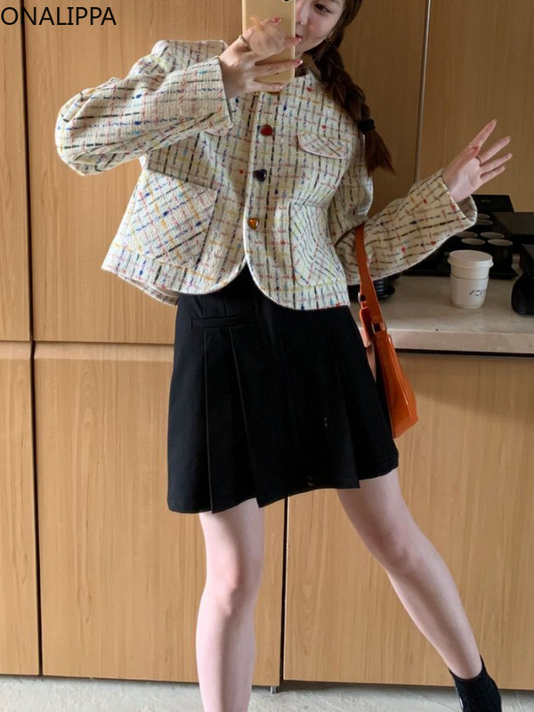 Onalippa Kawaii saldainių spalvos kontrasto languota striukė moteriška mažo kvapo širdies formos mygtukai apkarpyti paltai korėjietiški švarkai ant kaklo