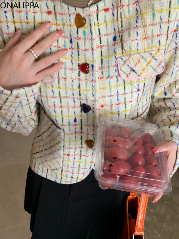 Onalippa Kawaii saldainių spalvos kontrasto languota striukė moteriška mažo kvapo širdies formos mygtukai apkarpyti paltai korėjietiški švarkai ant kaklo