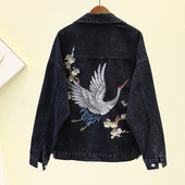 Moda coreeană, negru, albastru, broderie, jachetă de blugi, haină pentru femei, îmbrăcăminte exterioară, lejeră, ocazională, blugi, jachetă de stradă pentru femei