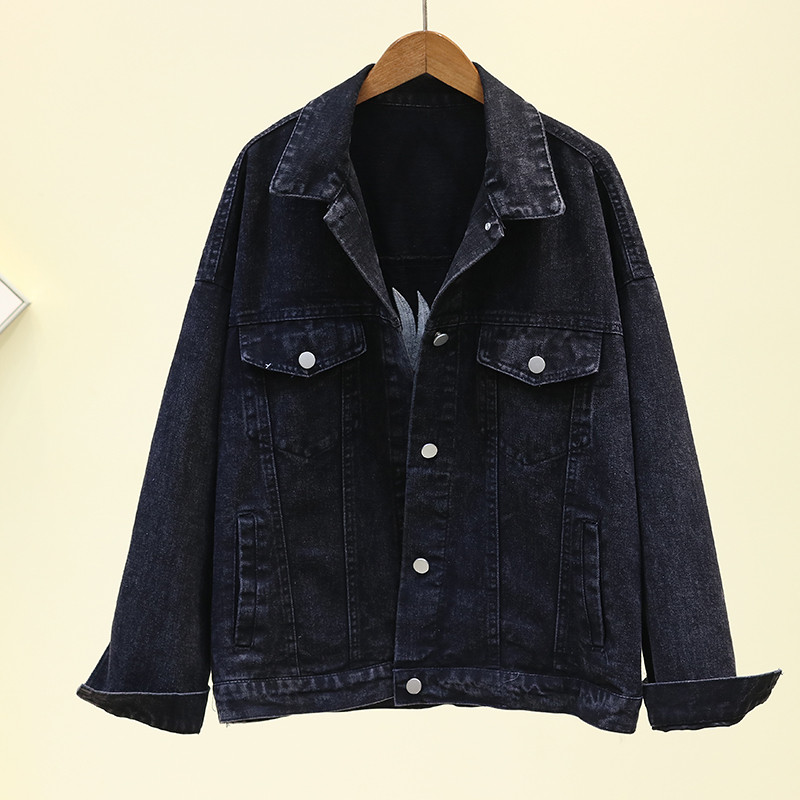 Moda coreeană, negru, albastru, broderie, jachetă de blugi, haină pentru femei, îmbrăcăminte exterioară, lejeră, ocazională, blugi, jachetă de stradă pentru femei