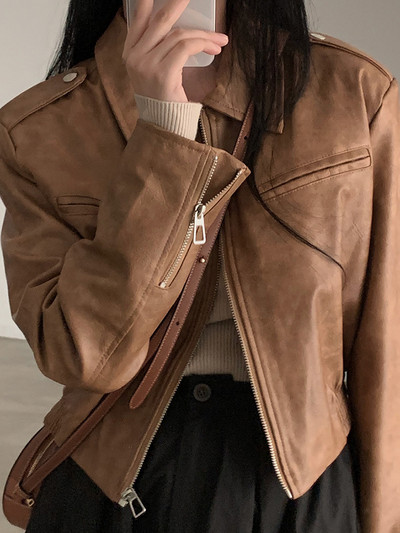 Weekeek Vintage maro jachetă din piele Streetwear cu fermoar cu mânecă lungă largi toamnă iarnă îmbrăcăminte exterioară retro grunge dama paltoane y2k