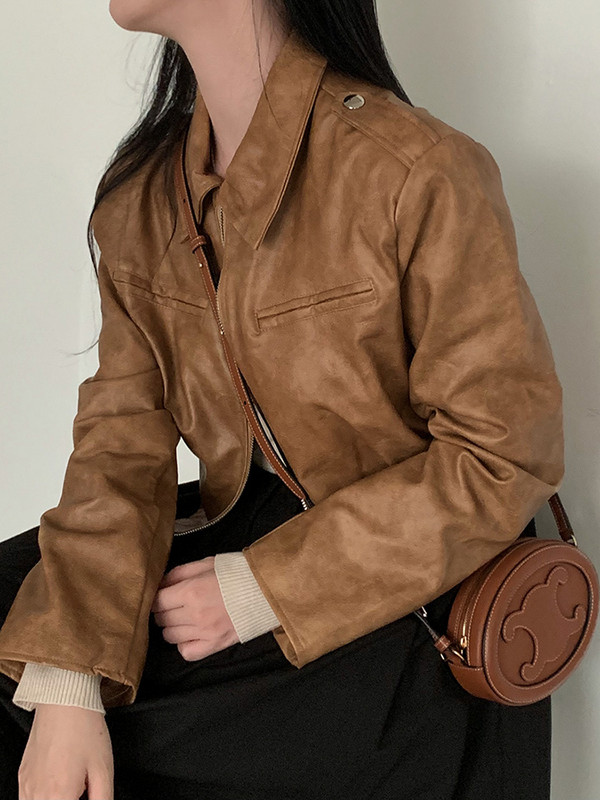 Weekeek Vintage maro jachetă din piele Streetwear cu fermoar cu mânecă lungă largi toamnă iarnă îmbrăcăminte exterioară retro grunge dama paltoane y2k