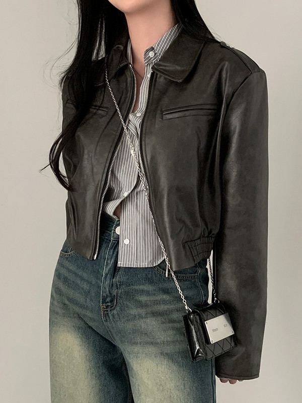 Weekeek Vintage maro jachetă din piele Streetwear cu fermoar cu mânecă lungă largi toamnă iarnă îmbrăcăminte exterioară retro grunge dama paltoane y2k