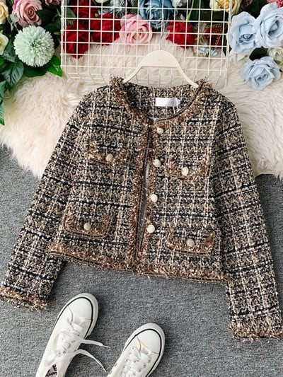 Új őszi téli vintage tweed kabát női kis illat patchwork koreai gyapjú vágott kabátok Elegáns rövid felsőruházat