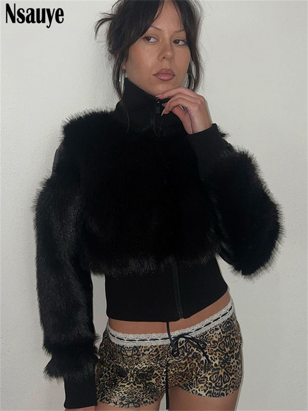Nsauye jakne za žene s kratkim rukavima od umjetnog krzna Skraćena bomber jakna Vintage 2023. Zimski modni gornji kaput Gornji kaput