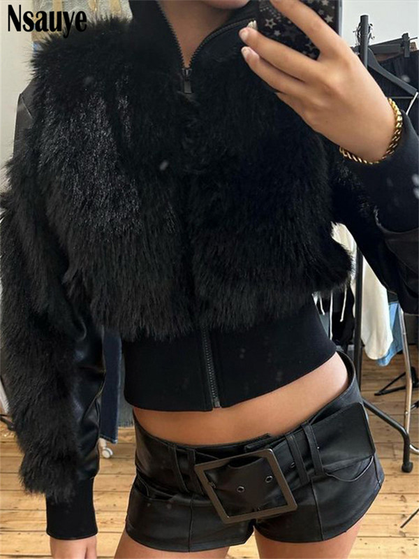 Nsauye jakne za žene s kratkim rukavima od umjetnog krzna Skraćena bomber jakna Vintage 2023. Zimski modni gornji kaput Gornji kaput