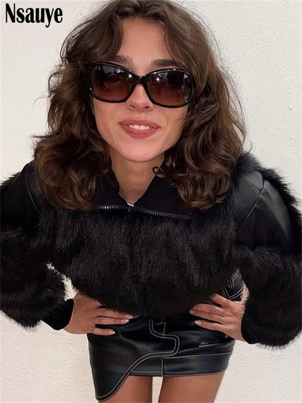 Nsauye jakne za žene s kratkim rukavima od umjetnog krzna Skraćena bomber jakna Vintage 2023. Zimski modni gornji kaput Gornji kaput