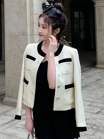 Висококачествено френско малко ароматно яке от туид за жени 2023 Есен Зима Луксозна марка Вълнени палта Корейска мода Jaqueta