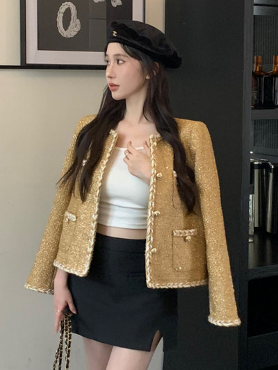Jachetă de înaltă calitate, vintage franceză, mică, parfumată, din tweed, pentru femei, toamnă iarnă, ocazional, haine scurte de stradă, haine de îmbrăcăminte