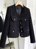 Jachetă neagră nouă de toamnă pentru femei, scurtă 2023, stil casual temperament, jachetă grosieră din tweed, modă coreeană, top elegant cu mânecă lungă