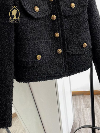 Ново есенно дамско черно палто Късо 2023 Ежедневен темпераментен стил Грубо яке от туид Корейска мода Елегантно горнище с дълъг ръкав