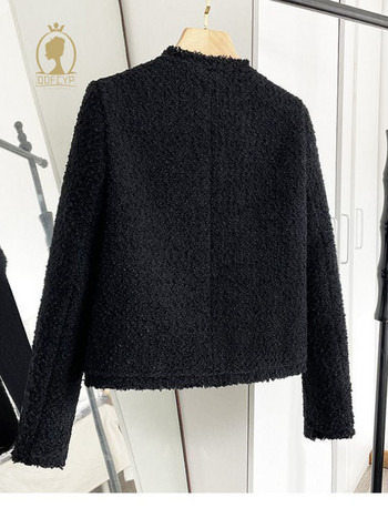 Ново есенно дамско черно палто Късо 2023 Ежедневен темпераментен стил Грубо яке от туид Корейска мода Елегантно горнище с дълъг ръкав
