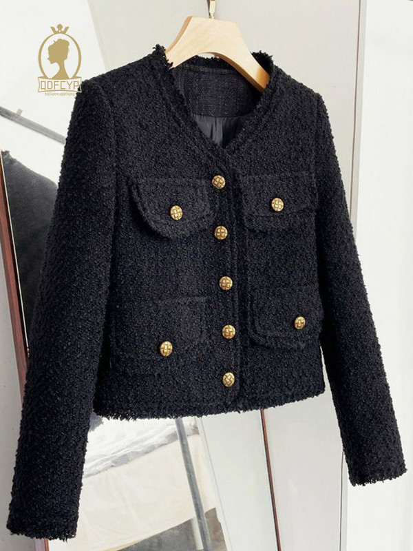 Jachetă neagră nouă de toamnă pentru femei, scurtă 2023, stil casual temperament, jachetă grosieră din tweed, modă coreeană, top elegant cu mânecă lungă