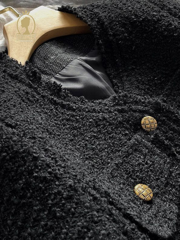 Jachetă neagră nouă de toamnă pentru femei, scurtă 2023, stil casual temperament, jachetă grosieră din tweed, modă coreeană, top elegant cu mânecă lungă