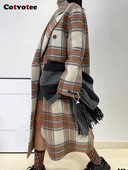 Palton din lână în carouri Cotvotee pentru femei 2023, toamnă iarnă, modă nouă, vintage, îmbrăcăminte exterioară cu mâneci lungi, haină casual cu două piept