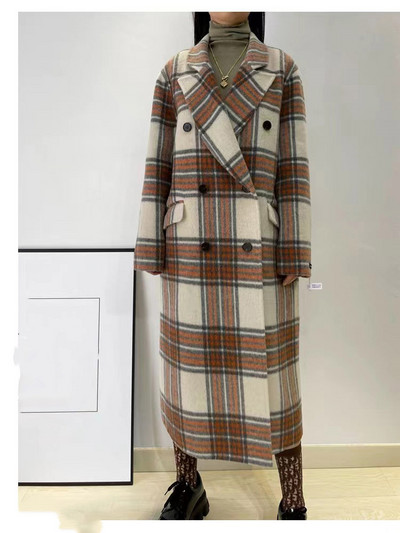 Palton din lână în carouri Cotvotee pentru femei 2023, toamnă iarnă, modă nouă, vintage, îmbrăcăminte exterioară cu mâneci lungi, haină casual cu două piept