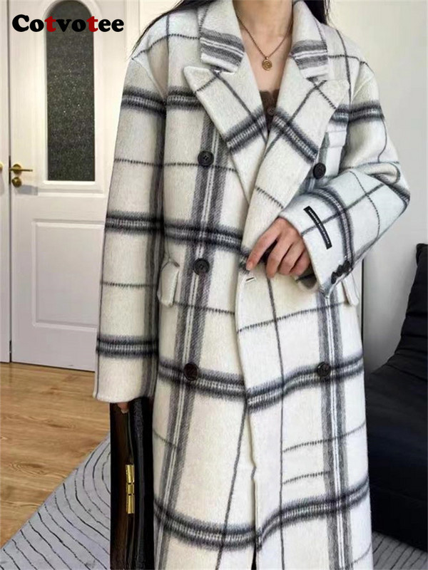 Palton din lână în carouri Cotvotee pentru femei 2023, toamnă iarnă, modă nouă, vintage, îmbrăcăminte exterioară cu mâneci lungi, haină casual cu două piept