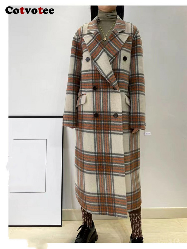 Palton din lână în carouri Cotvotee pentru femei 2023, toamnă iarnă, modă nouă, vintage, îmbrăcăminte exterioară cu mâneci lungi, haină casual cu două piept