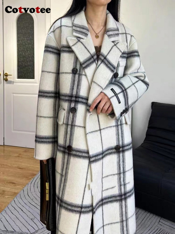 Palton din lână în carouri Cotvotee pentru femei 2023, toamnă iarnă, modă nouă, vintage, îmbrăcăminte exterioară cu mâneci lungi, haină casual cu două piept