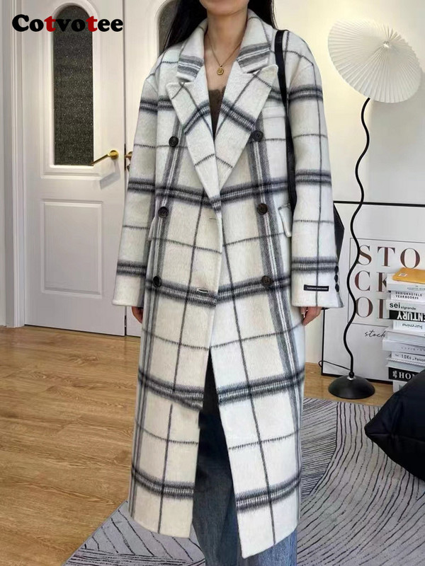 Palton din lână în carouri Cotvotee pentru femei 2023, toamnă iarnă, modă nouă, vintage, îmbrăcăminte exterioară cu mâneci lungi, haină casual cu două piept
