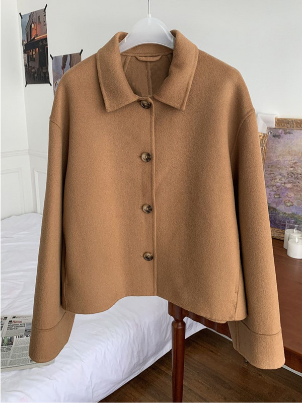 Eshin 2023, toamnă, pentru femei, haină cu guler răsturnat, din lână, culoare solidă, cu mânecă lungă, simplu, tip scurt, TH5320