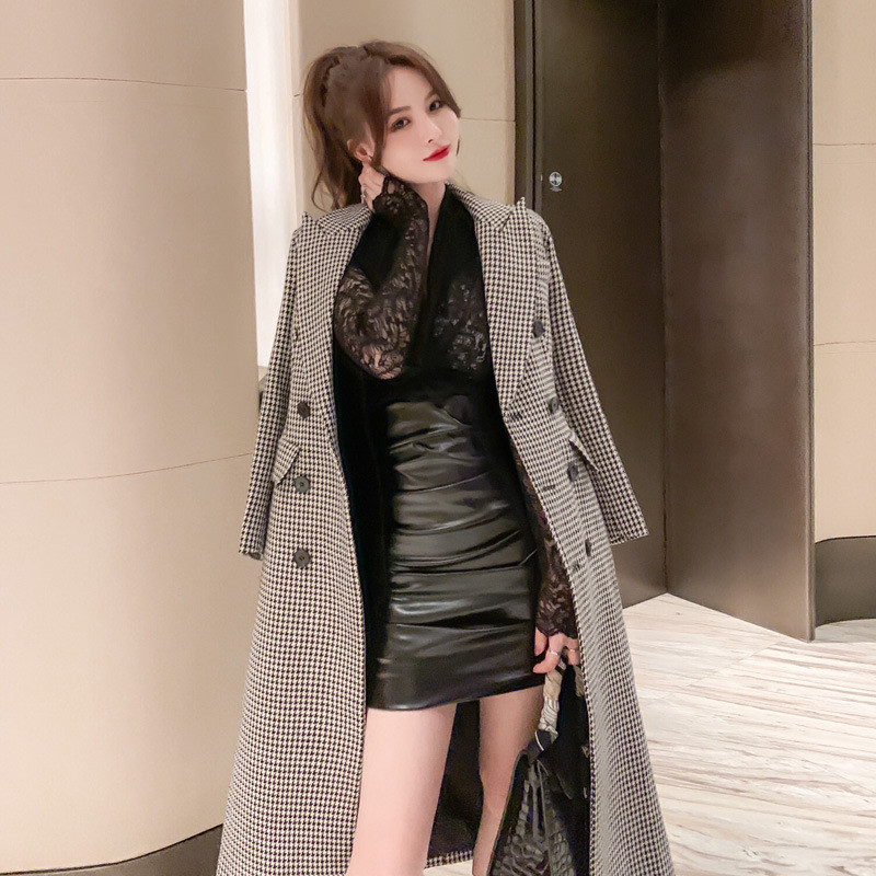 Palton de lână în carouri dublu pentru femei, haină lungă de lână la modă