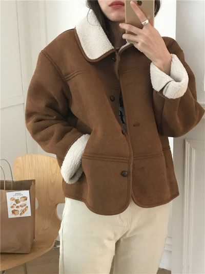 Jachetă de iarnă, vintage, din piele intoarsa, blana de miel, haine scurte pentru femei, guler cu rever, pardesiu cald