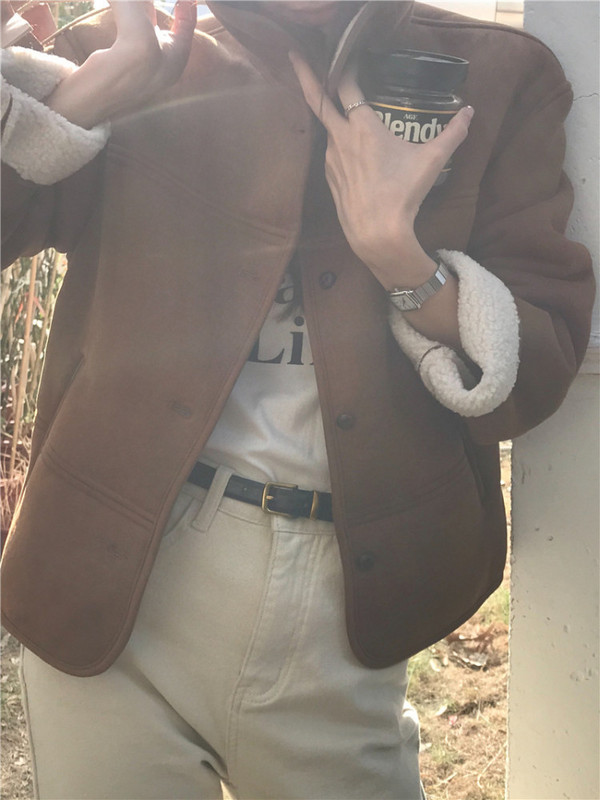 Jachetă de iarnă, vintage, din piele intoarsa, blana de miel, haine scurte pentru femei, guler cu rever, pardesiu cald