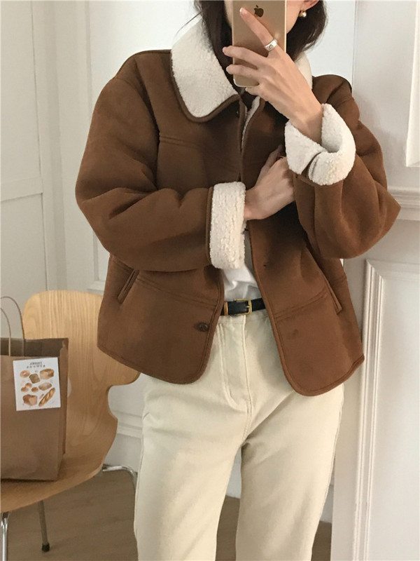 Jachetă de iarnă, vintage, din piele intoarsa, blana de miel, haine scurte pentru femei, guler cu rever, pardesiu cald