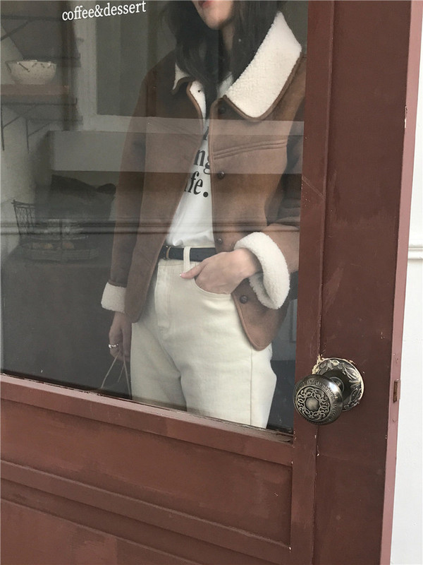 Jachetă de iarnă, vintage, din piele intoarsa, blana de miel, haine scurte pentru femei, guler cu rever, pardesiu cald