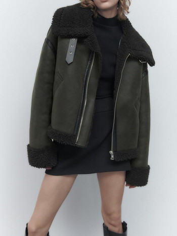 Ново зимно кожено яке от изкуствена кожа Moto Biker Women Streetwear Rever Zipper Lamb Windbreaker Coat Lady Thick Warm Short Outwear
