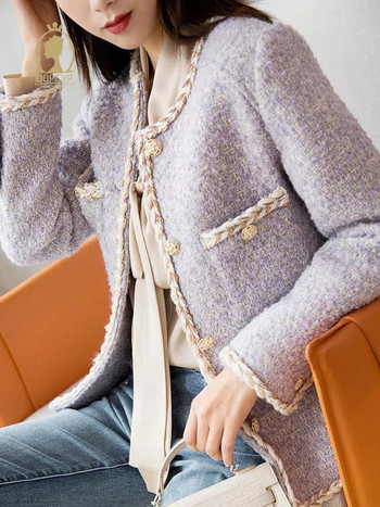 Есенно зимно дамско палто 2023 Ежедневен стил Грубо сако от туид Корейска мода Елегантни дамски палта с дълъг ръкав в промоция