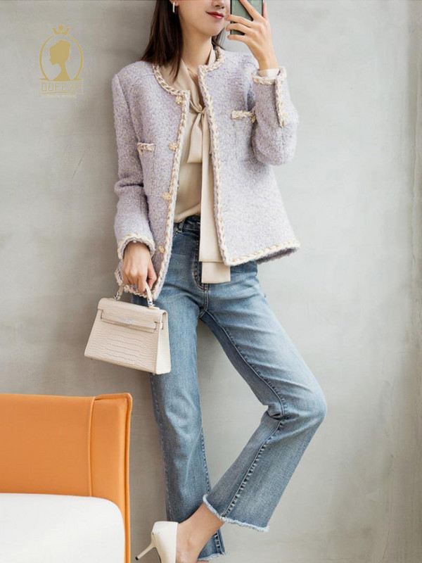 Rudens žiemos moteriškas paltas, 2023 m. laisvalaikio stiliaus šiurkštaus tvido striukė Korėjos mados elegantiški moteriški paltai ilgomis rankovėmis reklamoje