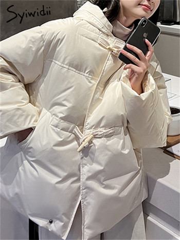 Syiwidii Horn Button Jacket за жени Есен Зима 2023 Нова мода Ежедневни паркове с качулка Шикозни свободни палта с дълъг ръкав