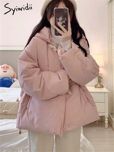 Syiwidii Horn Button Jacket за жени Есен Зима 2023 Нова мода Ежедневни паркове с качулка Шикозни свободни палта с дълъг ръкав