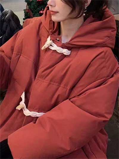 Jachetă cu nasturi Syiwidii Horn pentru femei, toamnă iarnă 2023, noua modă, parka cu glugă, chic, cu mânecă lungă, largi