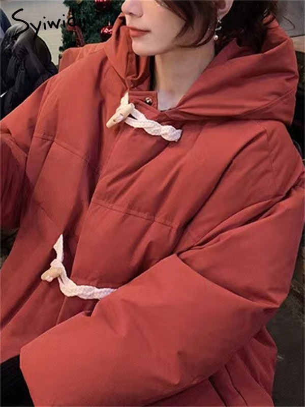 Jachetă cu nasturi Syiwidii Horn pentru femei, toamnă iarnă 2023, noua modă, parka cu glugă, chic, cu mânecă lungă, largi